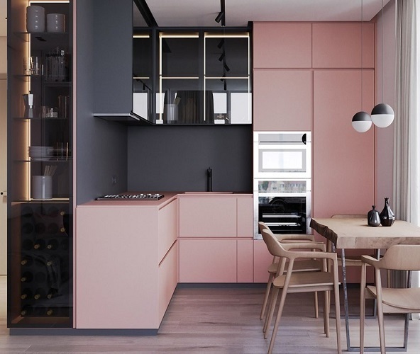 Новинки дизайна кухни 2022 года. Матовые кухни розового цвета. Фасады МДФ в пленочном матовом и пластиковом покрытии. Широкий выбор цветов, каталог.